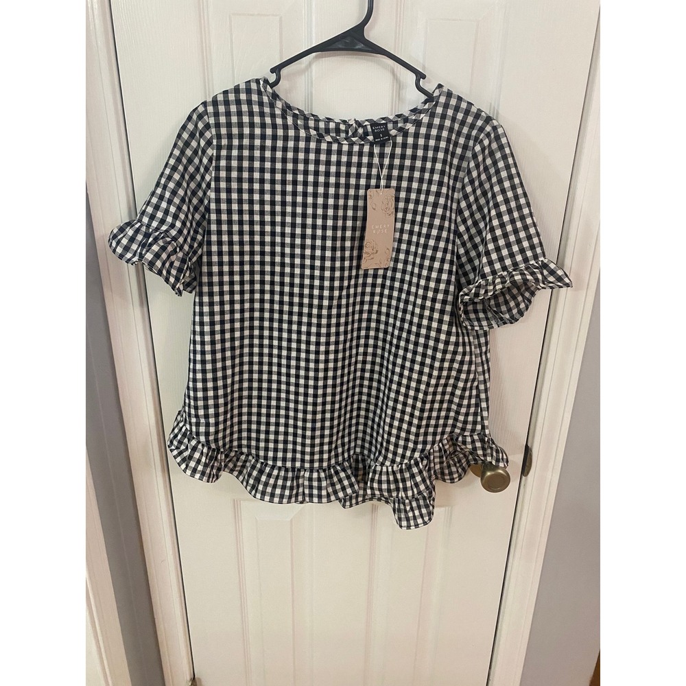 Gingham Ruffle Hem Blouse - Black & White